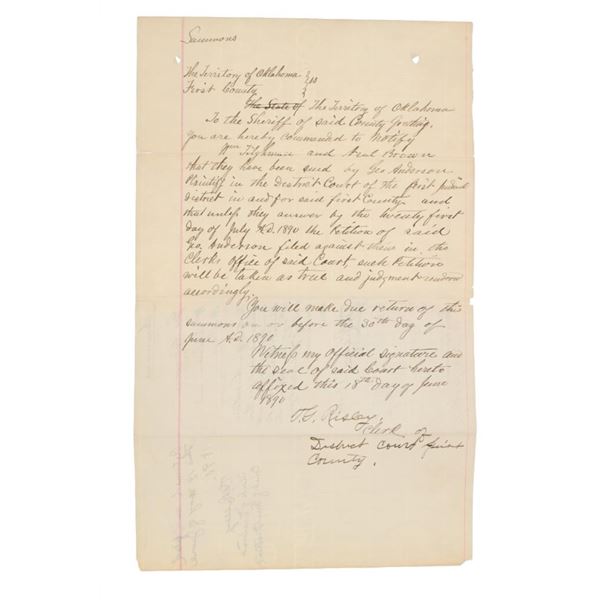 Ca 1890 Oklahoma Territory: Judgement Court Summon