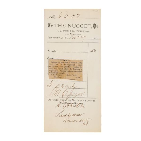 1881 The Nugget Adv. Bill/ Receipt (I.O.O.F. Memo)