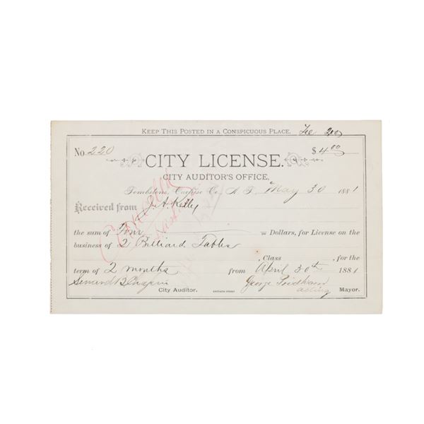 Ca. 1881 Tombstone, Cochise Co. A.T Gaming License