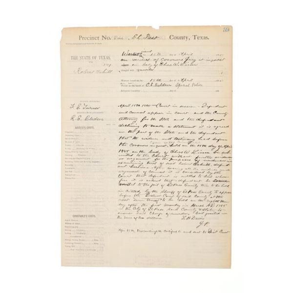 Wyatt Earp Witness Summons - El Paso c. 1885
