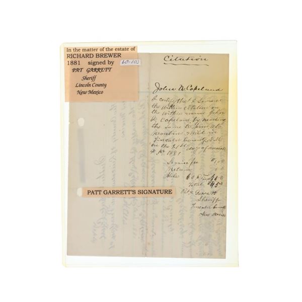RARE Signed Pat Garrett Subpoena Order c. 1881