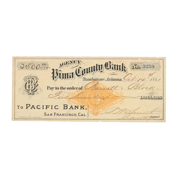Tombstone, Arizona: Rare Bank Draft Oct 27th, 1881