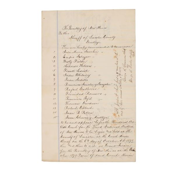 1879 Jury Summons N.M. Terr. Signed Geo. Kimball