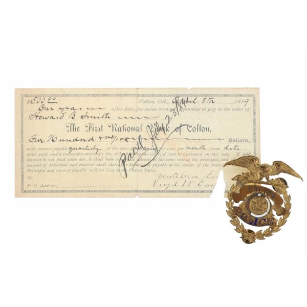 Virgil Earp Colton Police Badge & Signed Document