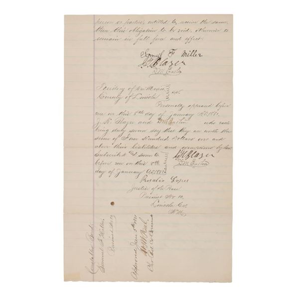 Ca. 1881 Lincoln Co. Constable Bond: Samuel Miller