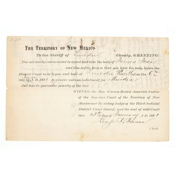 RARE Pat Garrett Signed Lincoln Co. Arrest Warrant
