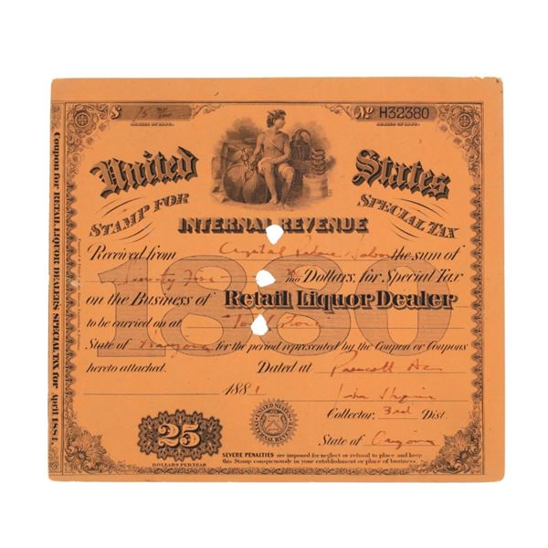 1881 Tombstone Crystal Palace Liquor License
