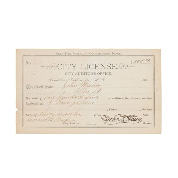 Ca. 1881 Tombstone, Gaming License signed by Clum