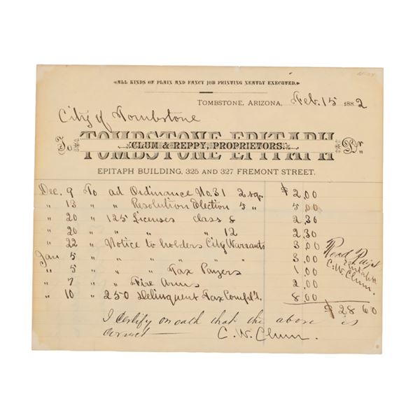 Virgil Earp's Gun Ordnance Ext. - John Clum Signed