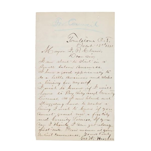 Ca. 1881 Tombstone Blind Man Saloon Liquor License
