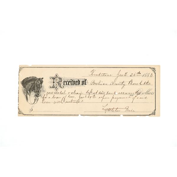 Ca. 1883 Tombstone, AZ Loan Receipt - L. Price