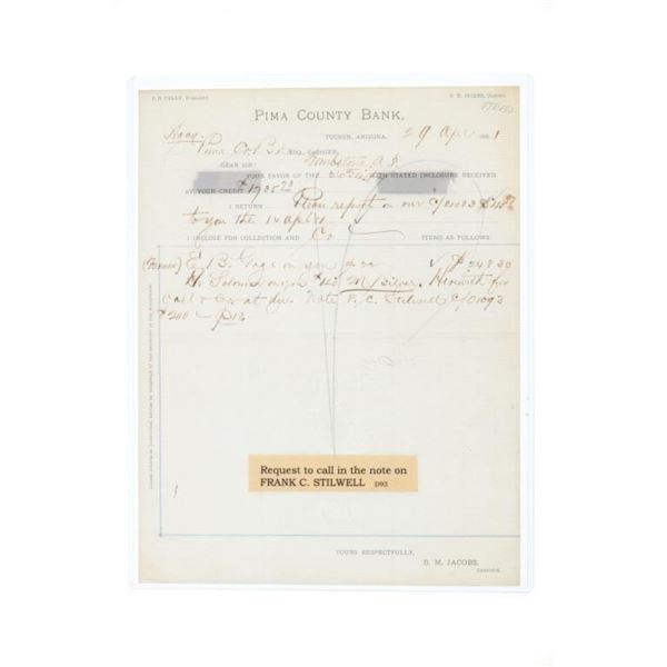 Pima County Bank Request For Frank Stilwell 1881