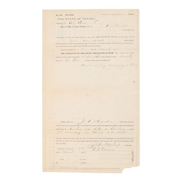 Official The State of Texas El Paso Bail Bond 1888