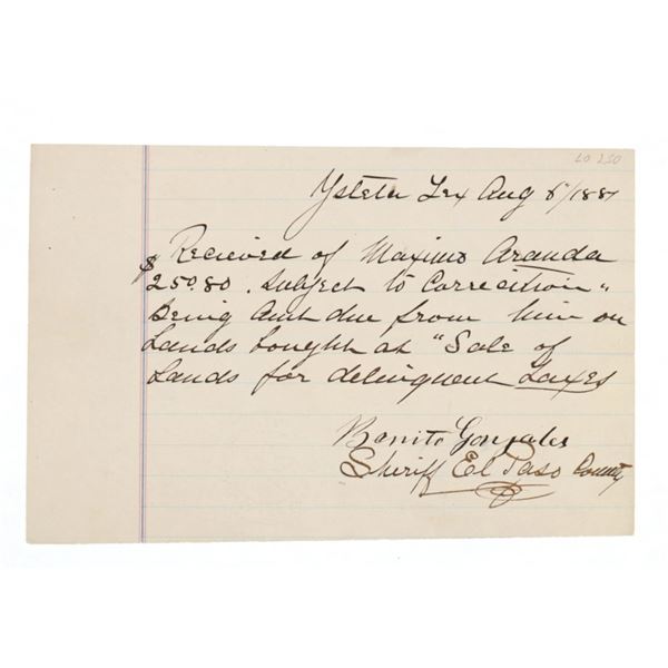 1881 Delinquent Taxes Receipt El Paso Sheriff