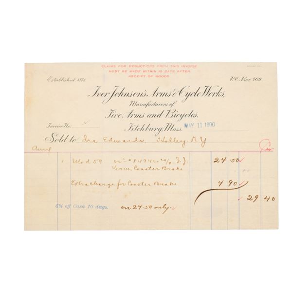 Ca. 1900 Iver Johnson's Arms & Cycle Works Receipt