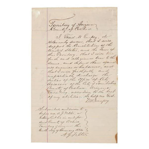 Tombstone, A.T.: City Assessor Sworn Oath c. 1884