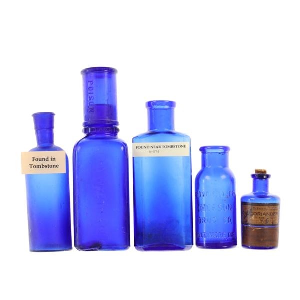 19th C. Tombstone, A.T. Found Cobalt Blue Bottles