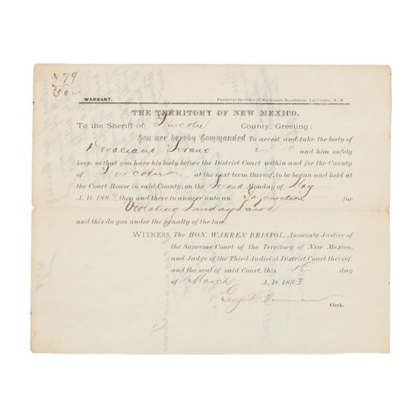 1883 New Mexico Territory Warrant Donaciano Serano