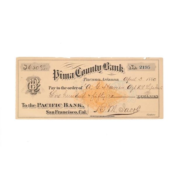 Ca. 1880 Barron M. Jacobs Signed Pima County Check