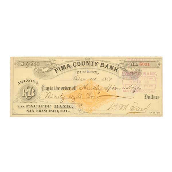 Ca. 1881 Barron M. Jacobs Signed Pima County Check