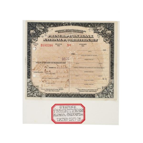 Prohibition Era Paper Alcohol Prescription 1928