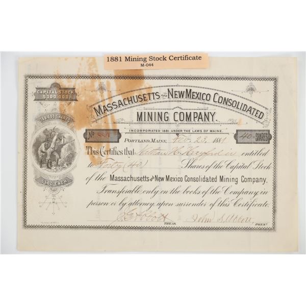 MA & New Mexico Mining Stock Certificate 1881