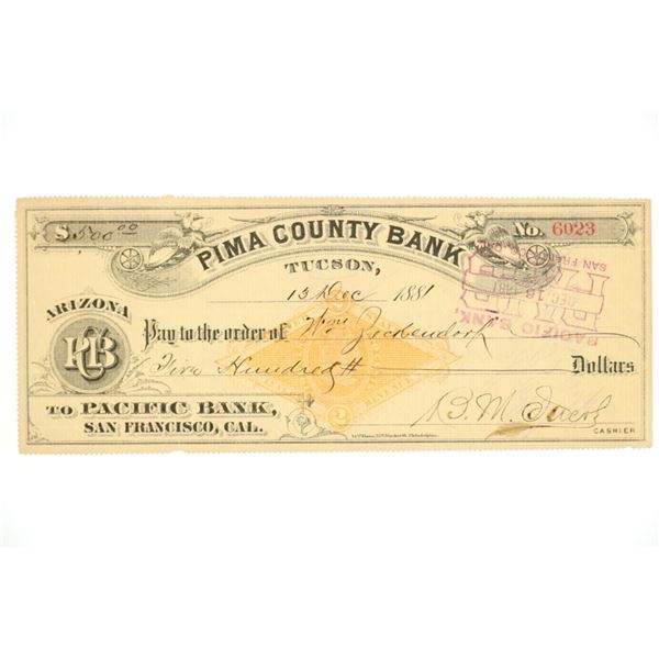 Wm. Beckendorf Check Pima County Bank Ca. 1881