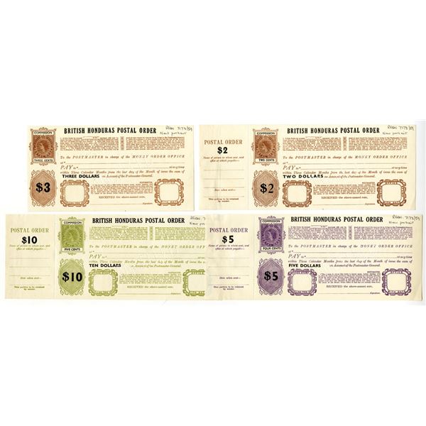 British Honduras Postal Order, 1959 Specimen Group of 4 Different Denominations with Imprinted Speci