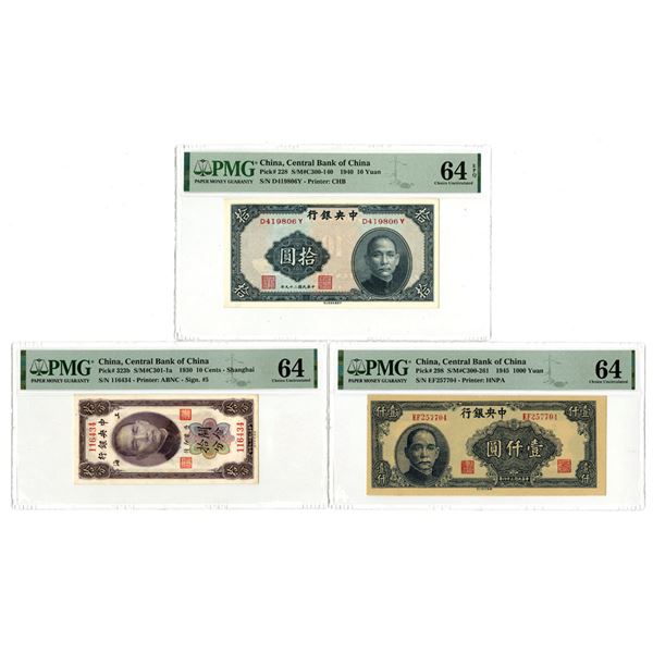China, Central Bank of China, 1930 to 1945, Issued Banknote Trio.