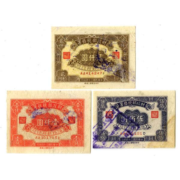 China. Chinese Issued Revenue Stamp Trio, 1945.
