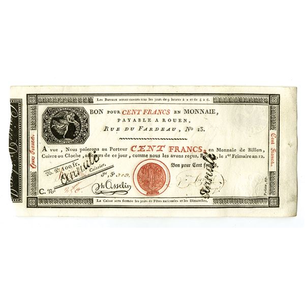 France. Caisse d'Exchange des Monnaies, Rouen, ND (1797-1803), Cancelled Banknote.