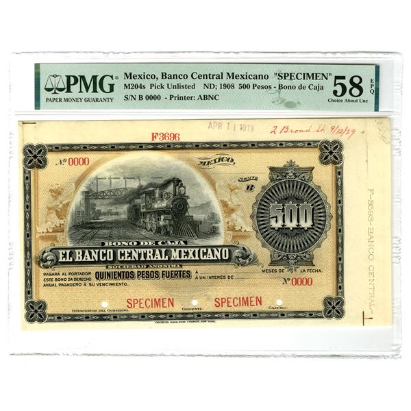 Mexico. Bono de Caja Banco Central Mexicano, ND (1908), 500 Pesos Specimen Banknote.