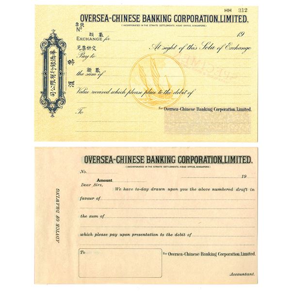 Singapore. Oversea-Chinese Banking Corp., Ltd., ND (1900-30s), Waterlow & Sons, Specimen Pair of Cer