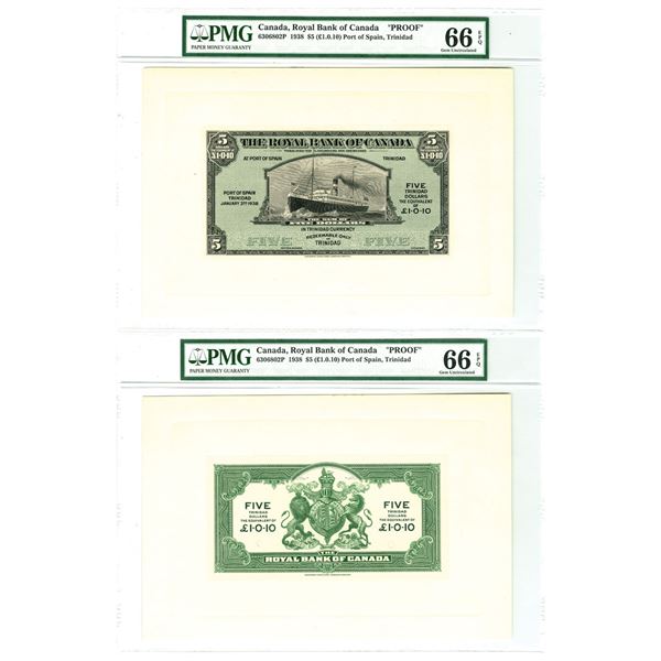 Trinidad & Tobago. Royal Bank of Canada, 1938, Proof Front and Back Banknotes