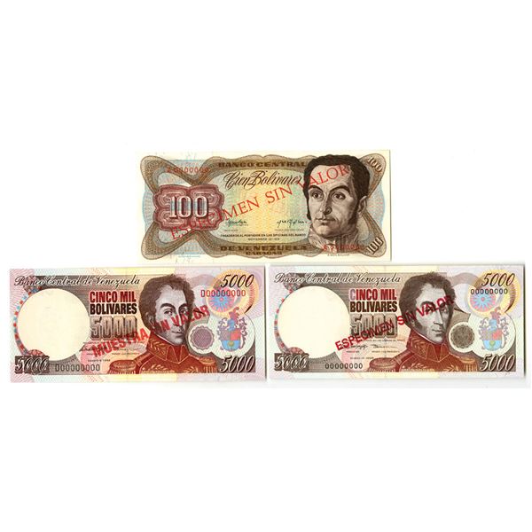 Venezuela. Banco Central de Venezuela, 1972 to 1998, Specimen Banknote Trio.