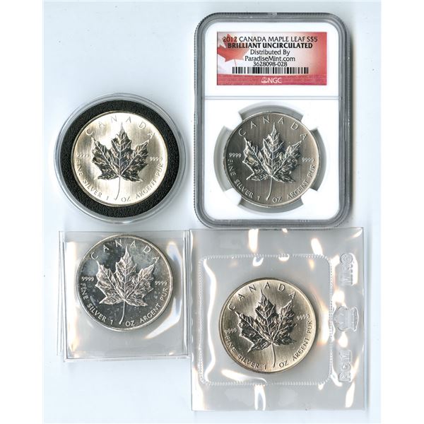 Canada. Silver Uncirculated 1 Ounce Maple Leaf's, 1989; 2008; 2009; and, 2012.