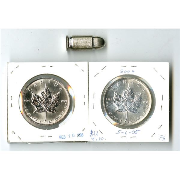 Canada. Silver Uncirculated 1 Ounce Maple Leaf's, 1996 and 2004, and an Uncirculated 1 Ounce Silver 