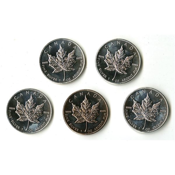 Canada. Silver Uncirculated 1 Ounce Maple Leaf's, All are 2009 dated, Group of 5.