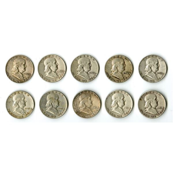 Franklin Silver Half Dollars, 1948 to 1952, Group of 10 Coins.
