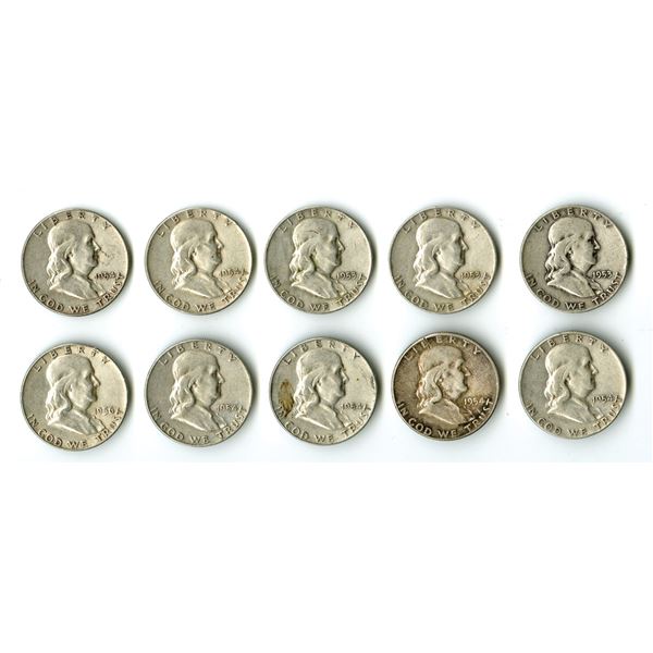 Franklin Silver Half Dollars, 1953 to 1956, Group of 10 Coins.