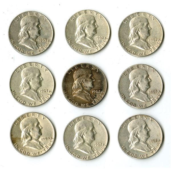 Franklin Silver Half Dollars, 1954 to 1963, Group of 9 Coins.