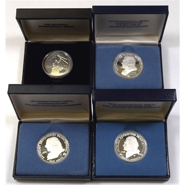 U.S. Bicentennial, Commemorative Proof Sterling Silver Medals, 1974 to 1976, Group of 4 Coins.