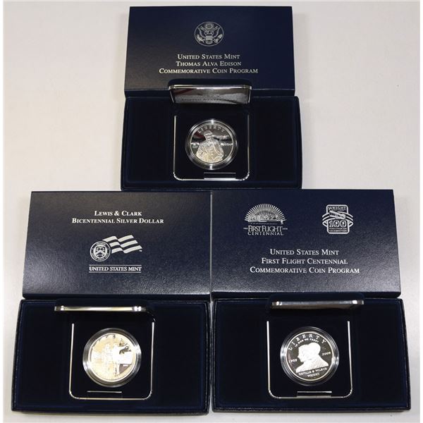 U.S. Edison, Lewis & Clark, and First Flight, Commemorative Proof Silver Dollar Coins, 2003 to 2004,