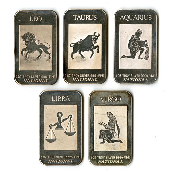 National Zodiac Silver Bars, ND (1990s), Group of 5 Bars.