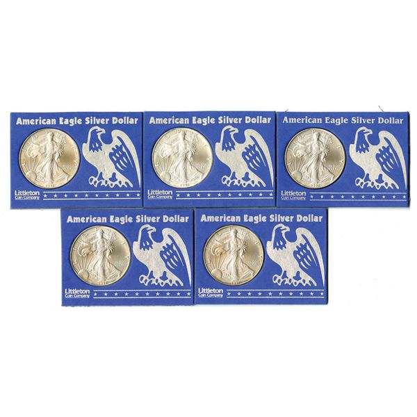 U.S. American Silver Eagle, 1997, Group of 5, 1 Ounce Coins of .999 Silver.