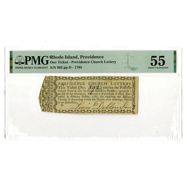 RI. Providence Church Lottery, 1785, Issued Lottery Ticket.