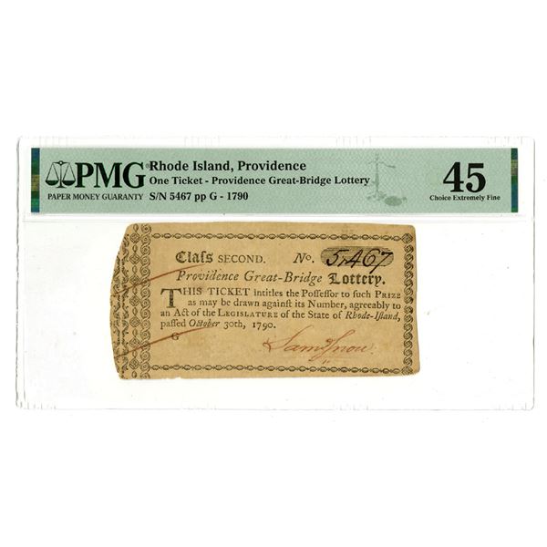RI. Providence Great Bridge Lottery, 1790, Issued Lottery Ticket.
