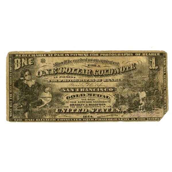CA. Bradley & Rulofson,  Photography Advertising Note, 1874, Obsolete Banknote.