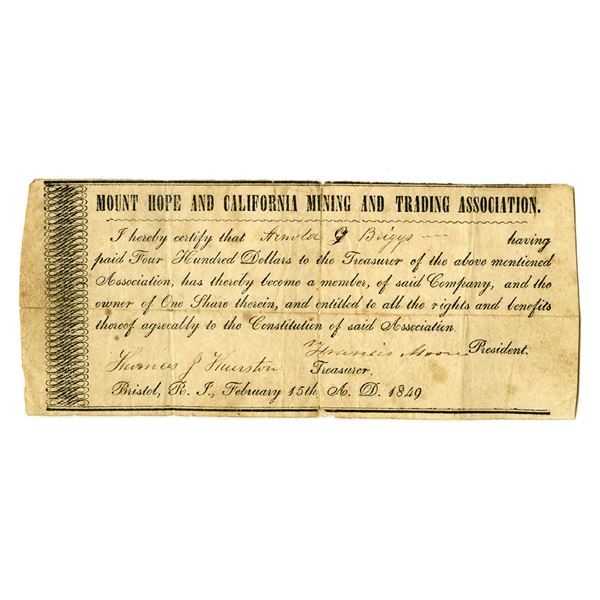 CA. Mount Hope and California Mining and Trading Association, 1849, I/U Stock Certificate.