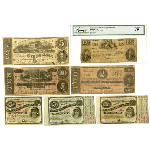 LA. PA. VA., State of Louisiana, Borough of Reading, and C.S.A., 1837 to 1878, Issued Group of Bonds